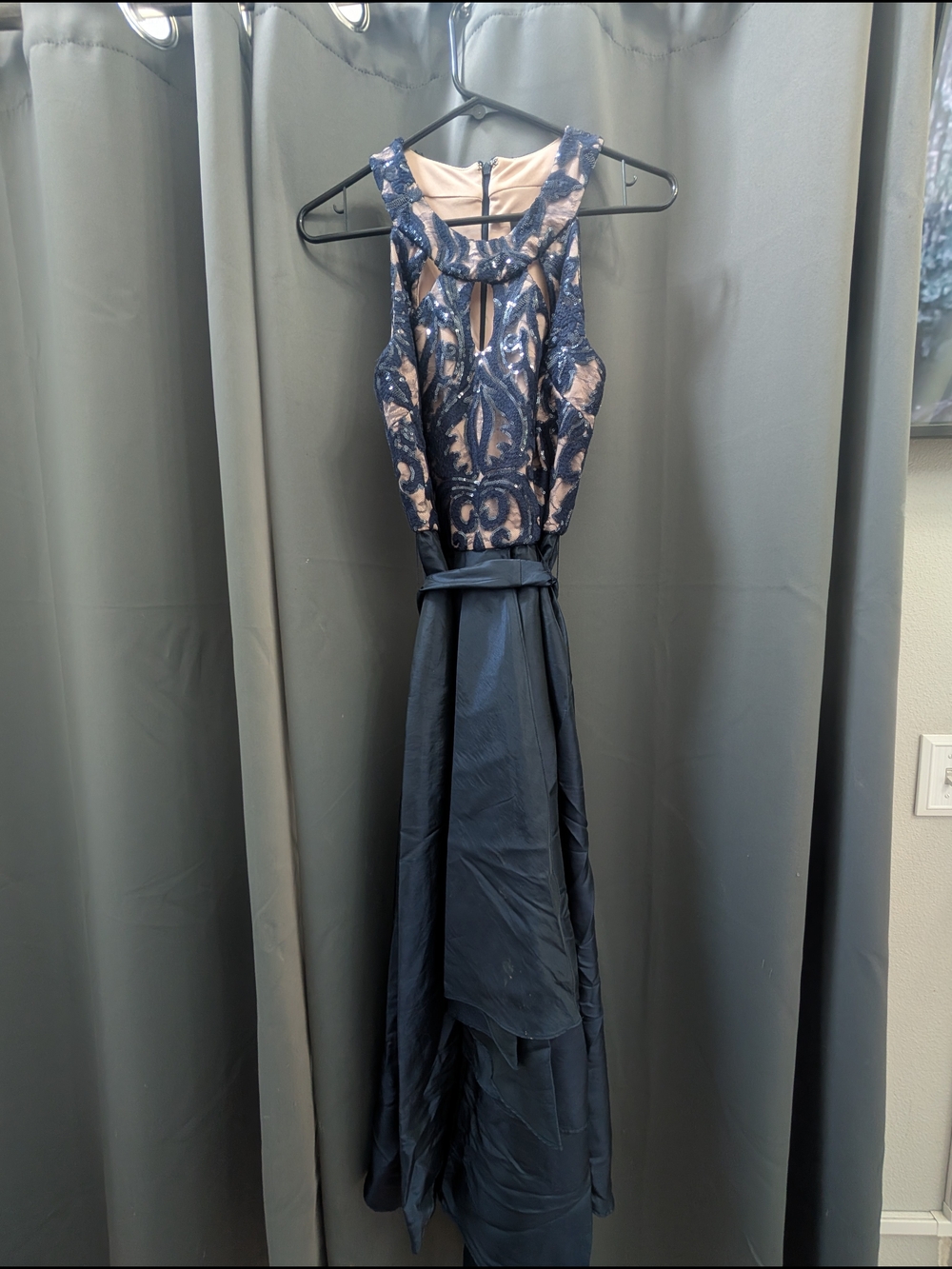R&M Richards Navy and Tan Lace Bodice Evening Dress